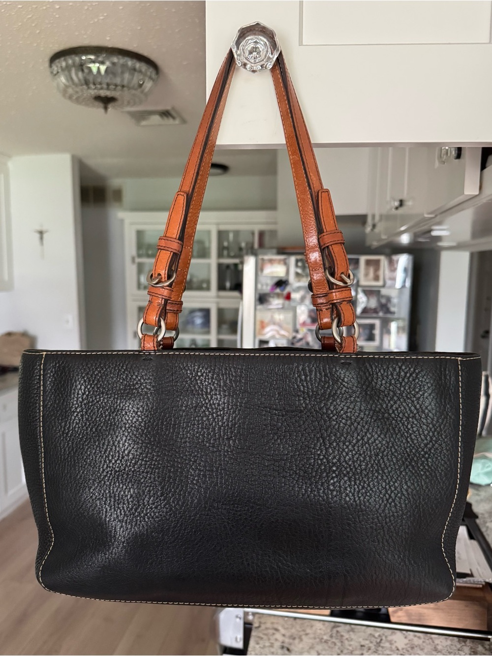 Coach Black Pebbled Leather Tote with Saddle Brown Handles - Picture 2 of 9
